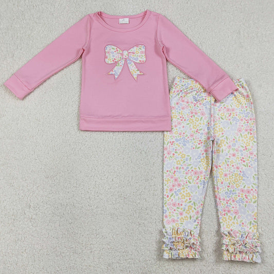 Baby Girls Embroidery Flowers Bows Pink Top Ruffle Leggings Pants Clothes Sets GLP3242 1.5