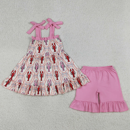 Baby Girls Clothes Strap Bows Crayfishes Checked Tunic Ruffle Shorts Clothes Sets GSSO3299