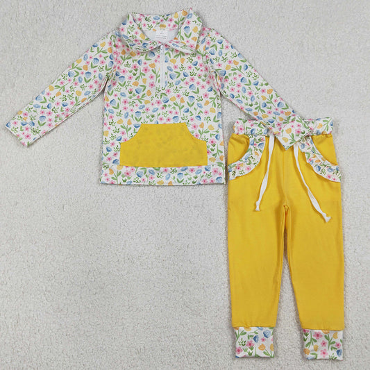 Baby Girls Clothes Colorful Flowers Zip Pocket Pullovers Jogger Pants Clothes Sets GLP3280 1.8
