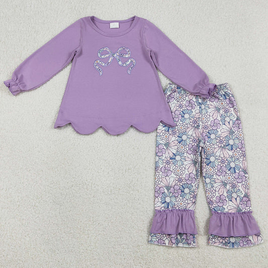 Baby Girls Clothes Embroidery Floral Bows Purple Scallop Tunic Ruffle Pants Clothes Sets GLP3019 1.8