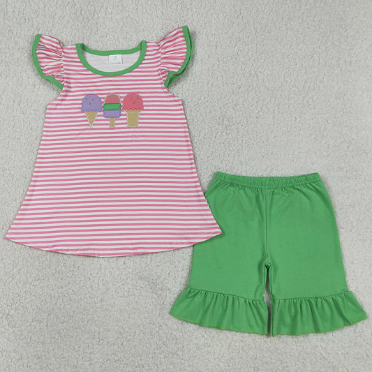 Baby Girls Clothes Embroidery Popsicle Pink Stripe Tunic Ruffle Shorts Sets GSSO2349