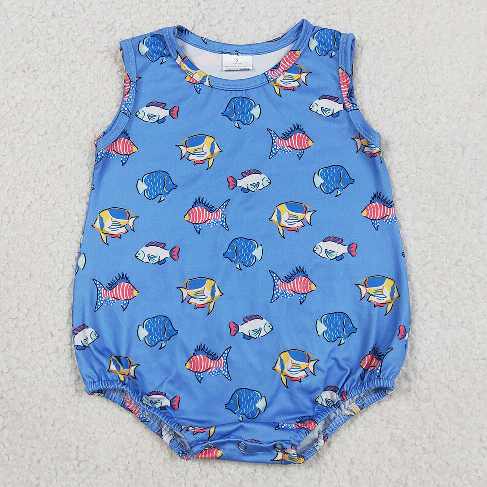 Baby Boys Rompers Sleeveless Red Blue Fishes 4th of July Romper SR4151