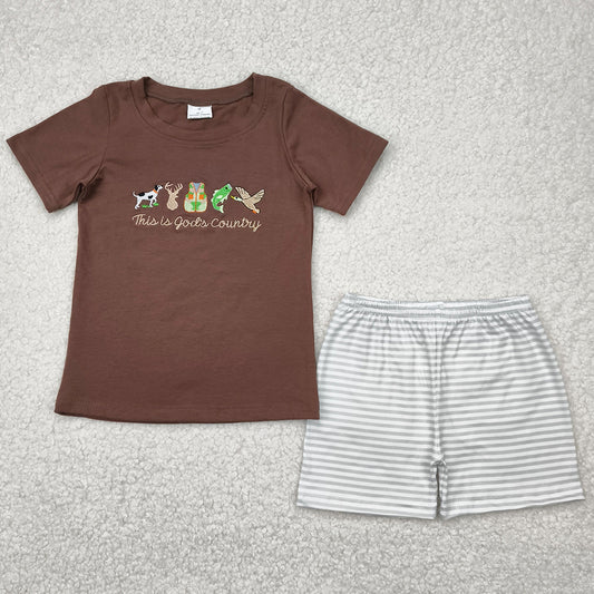 Embroidery Baby Girls Clothes Brown Gods Country Top Ruffle Stripe Shorts Sets GSSO2353 4.21