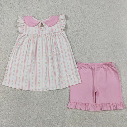Baby Girls Clothes Pink Flowers Stripe Collar Tunic Ruffle Shorts Clothes Sets GSSO3363