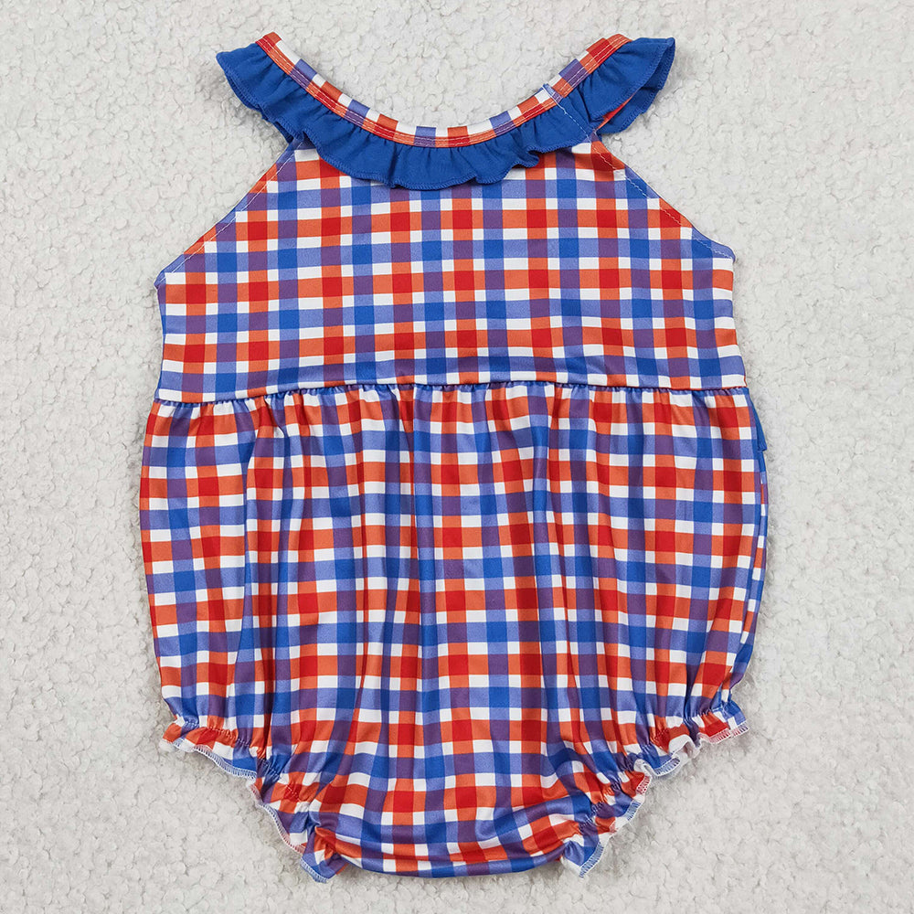 Baby Girls Rompers Embroidery Cow Pig House Red Blue Checked Farm Ruffle Rompers SR3835