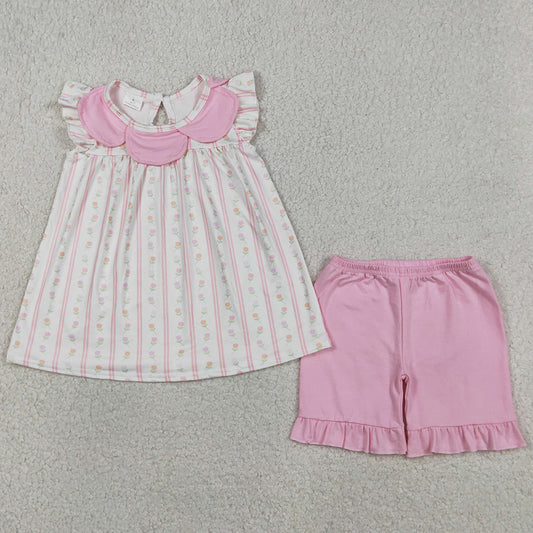 Baby Girls Clothes Pink Flowers Stripe Collar Tunic Ruffle Shorts Clothes Sets GSSO3363