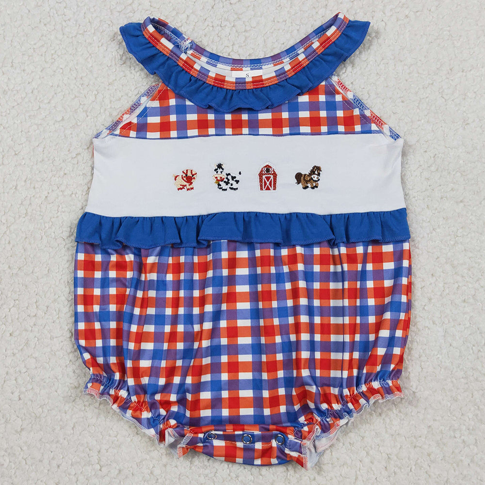 Baby Girls Rompers Embroidery Cow Pig House Red Blue Checked Farm Ruffle Rompers SR3835