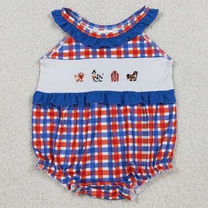 Baby Girls Rompers Embroidery Cow Pig House Red Blue Checked Farm Ruffle Rompers SR3835