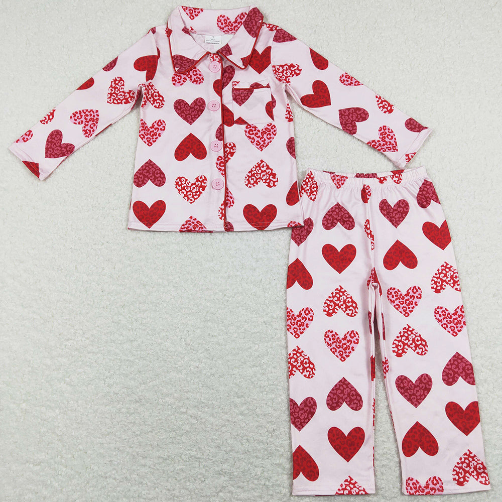 Baby Girls Pajamas Valentines Pink Red Hearts Buttons Shirts Pants Sleepwear Sets GLP1136