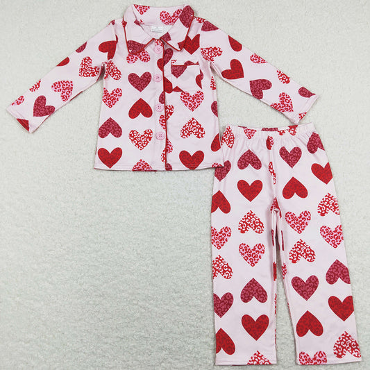 Baby Girls Pajamas Valentines Pink Red Hearts Buttons Shirts Pants Sleepwear Sets GLP1136