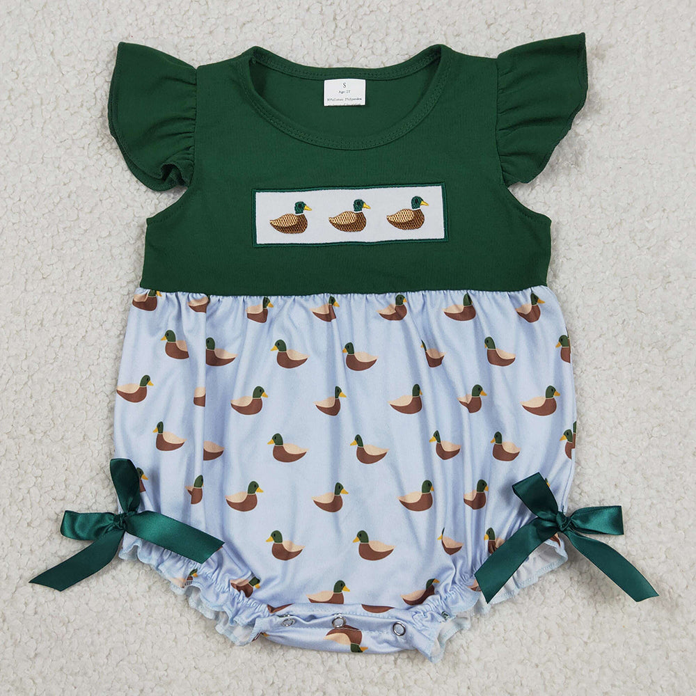 Baby Girls Rompers Embroidery Ducks Green Flutter Sleeve Hunting Ruffle Rompers SR4091