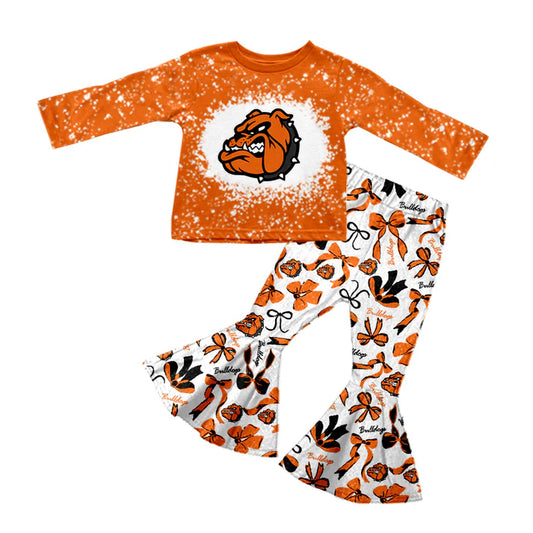 Preorder (moq 5)Baby Girls Bulldogs Top Bows Bell Bottom Pants Team Sets 7.7