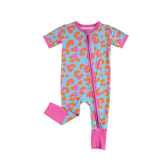 Preorder(moq 8)Baby Girls Orange Pink Leopard Zipper Footie Rompers 9.29