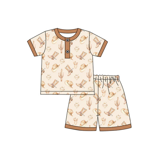 Preorder moq 5 Baby Boys Khaki Short Sleeves Boots Cactus Button Top Short Pajamas Set 4.12