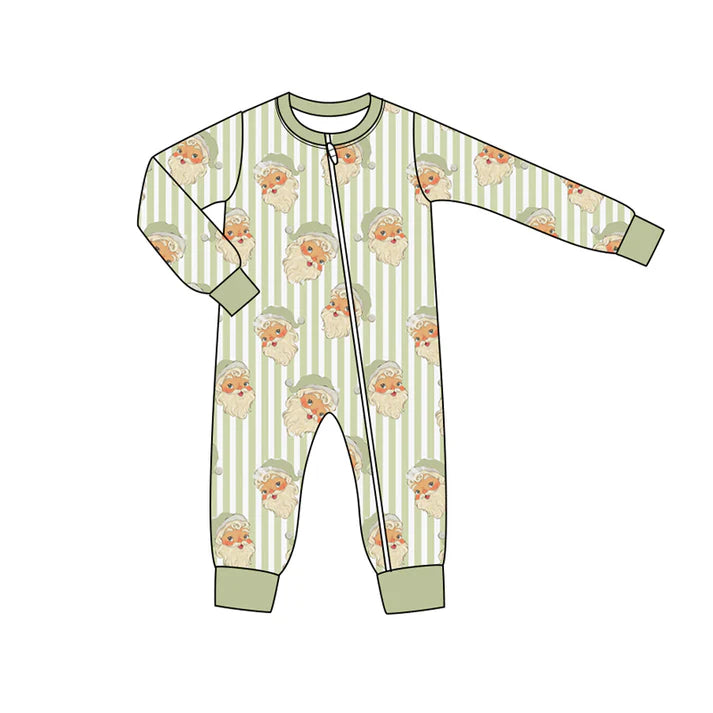 Preorder moq 5 Baby Infant Boys Long Sleeves Green Stripes Santa Plaid Zipper Romper 7.15