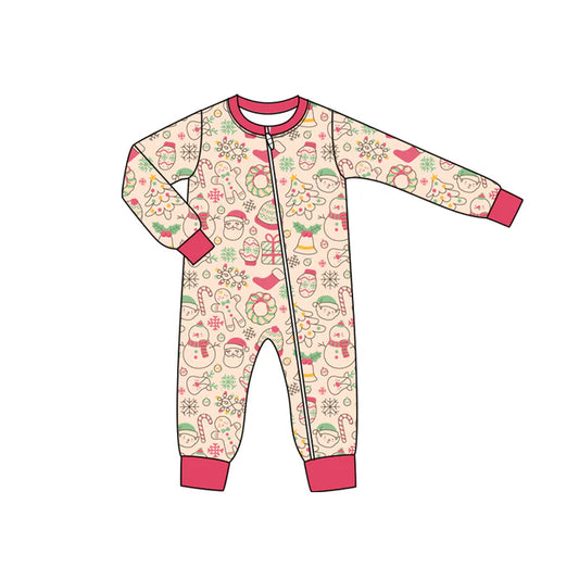 Preorder moq 5 Baby Infant Girls Long Sleeves Pink Santa Gingerbread Plaid Zipper Romper 7.15