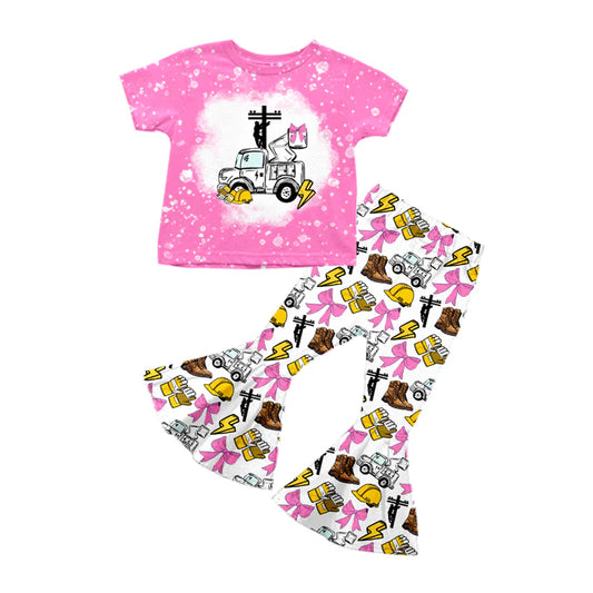 Preorder (moq 5)Baby Girls Pink Short Sleeves Line Men Top Lightning Bell Bottom Pant Set 5.12