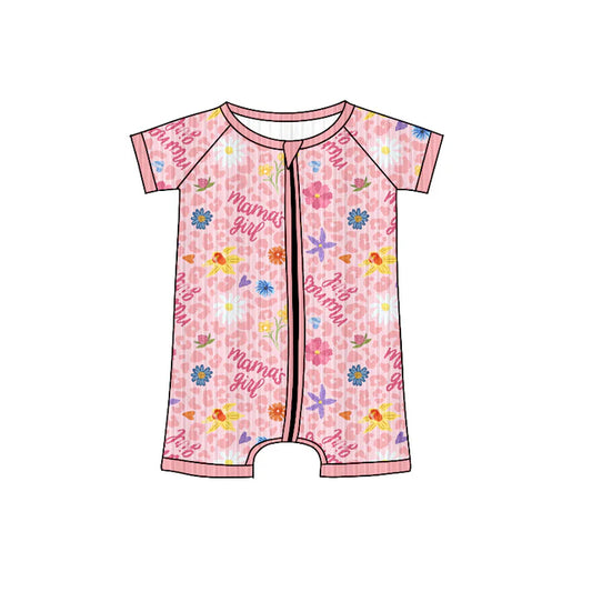 Preorder (moq 5)Baby Girls Long Sleeves Pink Short Sleeves Mama's Girls Flowers Zipper Romper 7.3