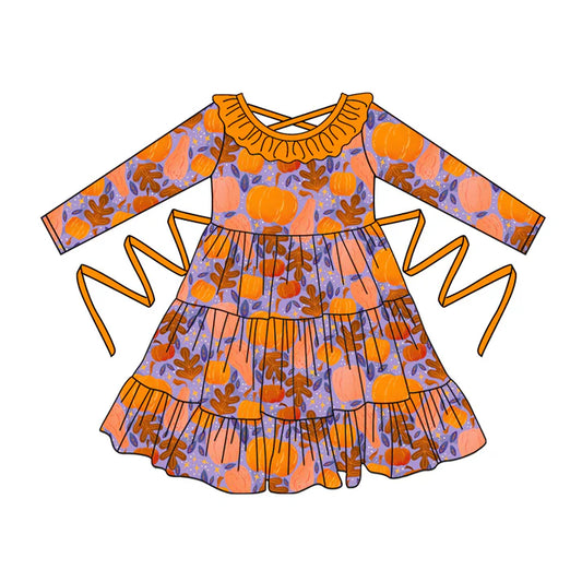 Preorder moq 5 Baby Girls Orange Long Sleeves Leaves Pumpkins With Belt Ruffle Knee Length Dresses 5.2