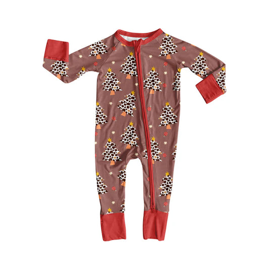 Preorder(moq 5)Baby Girls Christmas Leopard Trees Zipper Footie Rompers 8.8
