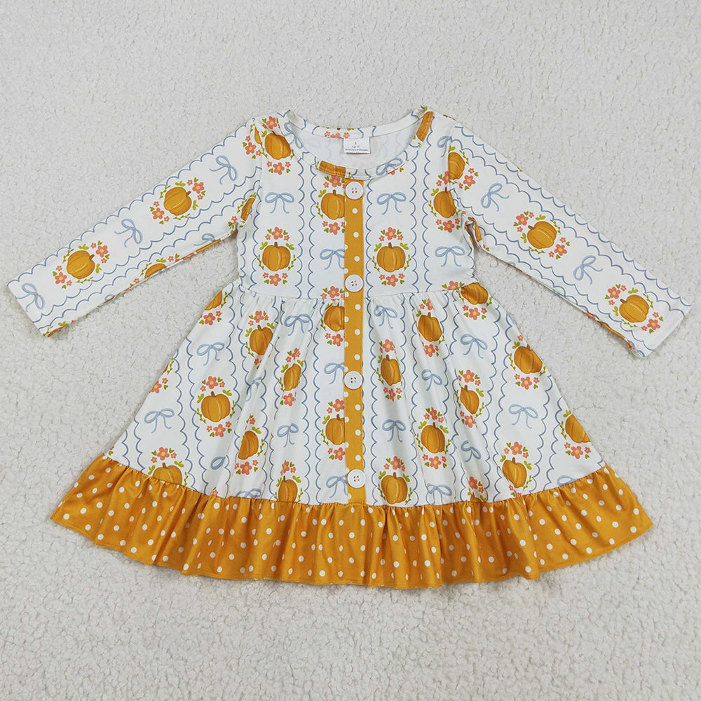 Baby Girls Dress Long Sleeves Pumpkins Bows Plaid Button Ruffle Knee Length Dresses GLD1111 8.6
