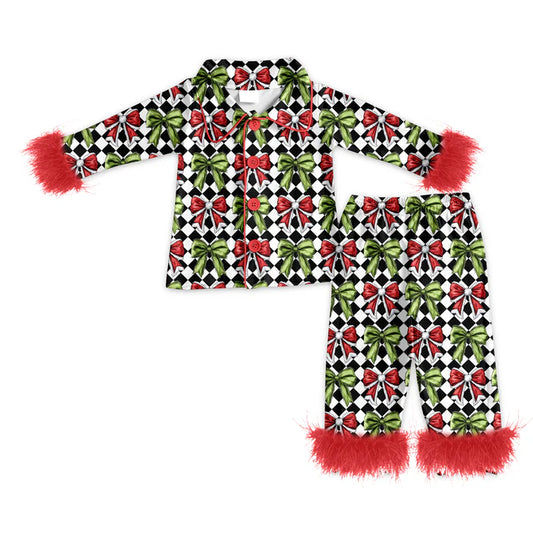 Preorder(moq 5) Baby Girls Fur Long Sleeves Green Red Bows Plaid Button Top Pants Set 7.24