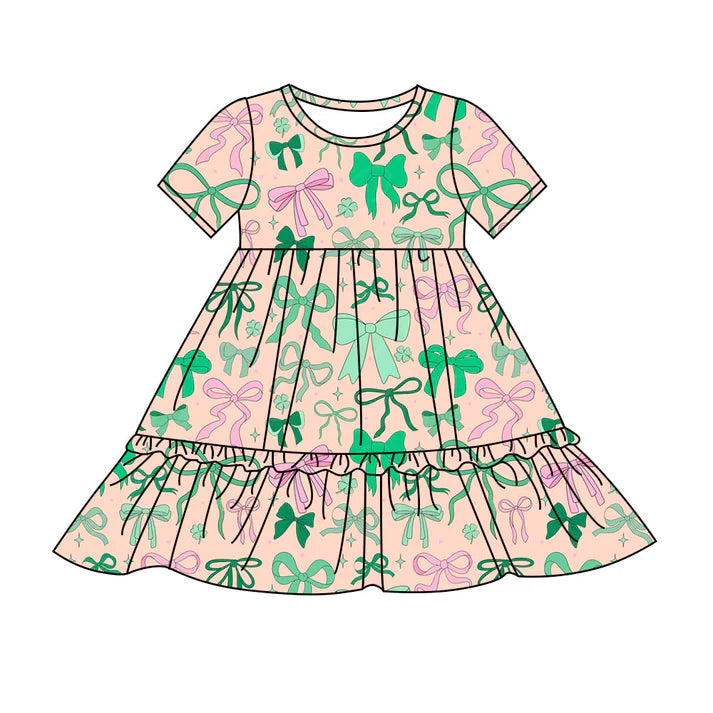 Preorder(moq 8)Baby Girls Green Pink Bows Clovers St Patrick Ruffle Knee Length Dresses 9.25