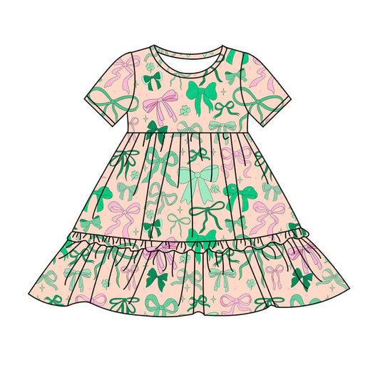Preorder(moq 8)Baby Girls Green Pink Bows Clovers St Patrick Ruffle Knee Length Dresses 9.25