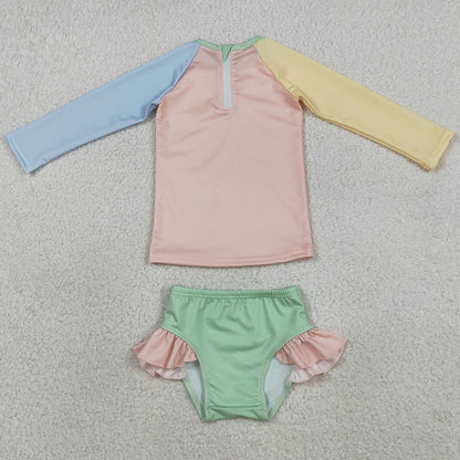 Baby Girls Clothes Yellow Aqua Blue Pink Patchwork Top Ruffle Bummies Swimsuits S0637