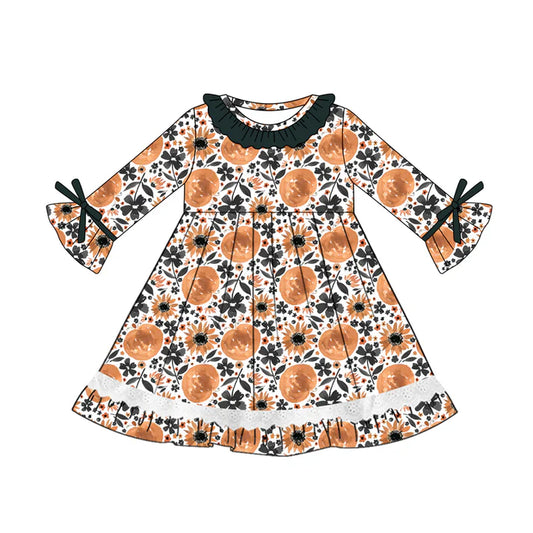 Preorder (moq 5)Baby Girls Long Sleeves Pumpkins Flowers Lace Ruffle Knee Length Dresses 5.21