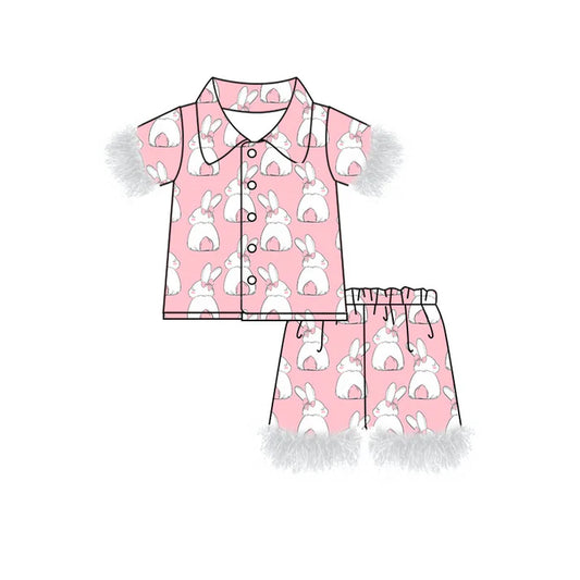 Preorder (moq 8)Baby Girls Pink Rabbits Button Top Shorts Easter Fur Pajamas Sets 9.17