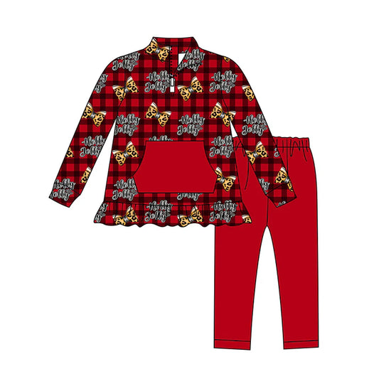Preorder (moq 5)Baby Girls Long Sleeves Red Plaid Leopard Bows Pocket Zipper Top Legging Pants Set 7.28
