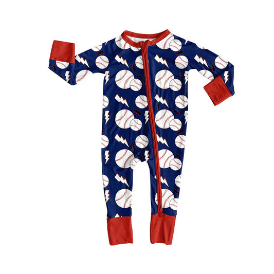 Preorder (moq 8)Baby Boys Baseballs Lights Team Zipper Footie Rompers 9.6