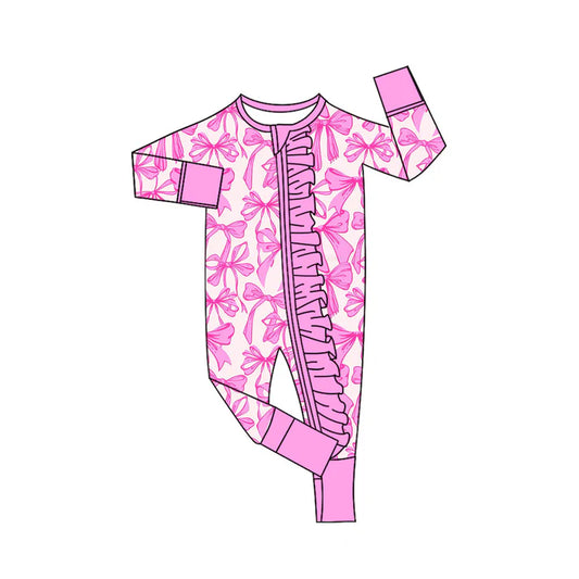 Preorder (moq 8)Baby Girls Hot Pink Bows Valentine Ruffle Zipper Footie Rompers 9.20