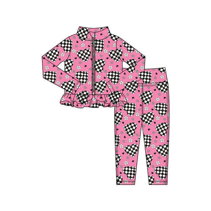 Preorder(moq 5) Baby Girls Flowers Hearts Zipper Jacket Leggings Valentine Clothes Sets 10.31