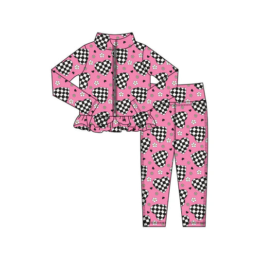 Preorder(moq 5) Baby Girls Flowers Hearts Zipper Jacket Leggings Valentine Clothes Sets 10.31