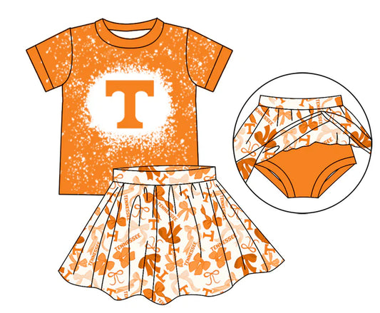 Preorder moq 5 yellow T bleached top bow skirt girls team outfits 8.26