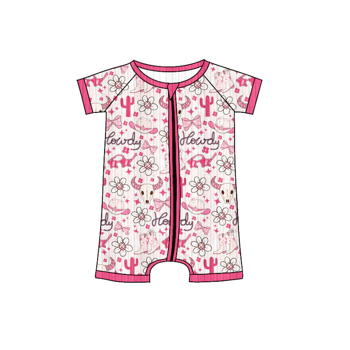 Preorder (moq 5)Baby Girls Short Sleeves Pink Cactus Hats Flowers Zipper Shorts Rompers 6.4