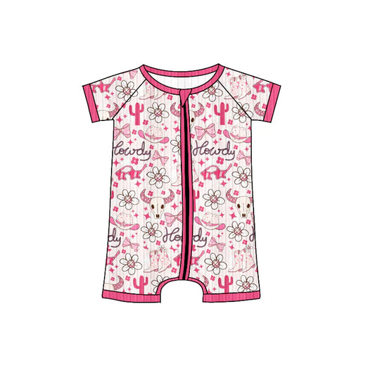 Preorder (moq 5)Baby Girls Short Sleeves Pink Cactus Hats Flowers Zipper Shorts Rompers 6.4