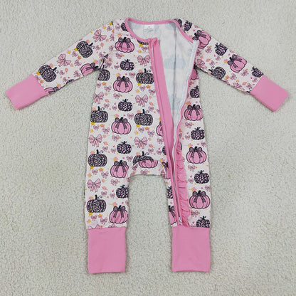 Baby Girls Rompers Pink Bows Leopard Pumpkins Fall Ruffle Zip Rompers LR3061