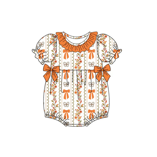 Preorder (moq 5)Baby Girls Orange Short Sleeves Butterfly Bows Floral Ruffle Rompers 4.24