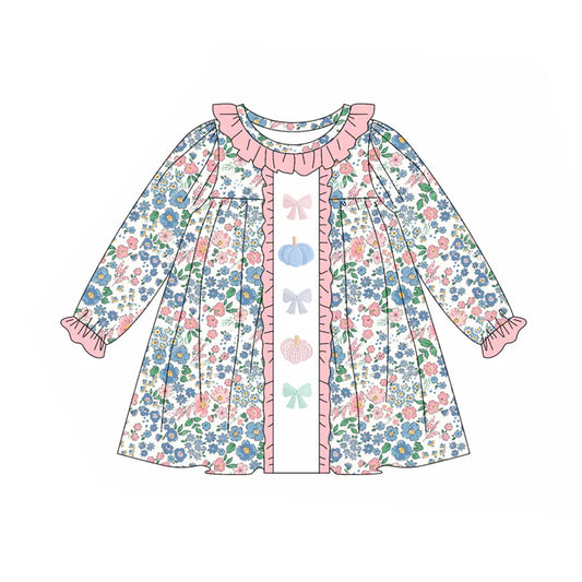 Preorder (moq 5)Baby Girls Long Ruffle Sleeves Blue Floral Bows Pumpkins Knee Length Dresses 5.24