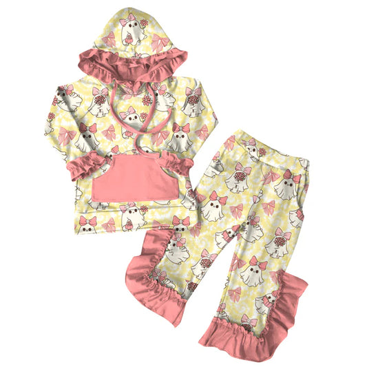 Preorder (moq 5)Baby Girls Yellow Long Ruffle Sleeves Bows Ghosts Pocket Hoodies Pant Set 6.20