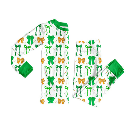 Preorder (moq 8)Baby Girls Green Orange Bows Hearts Top Pants St Patrick Pajamas Sets 9.23
