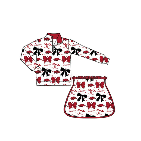 Preorder (moq 5)Baby Girls Red Arkansas Bows Team Zip Pullovers Skort Team Clothes Sets 8.29