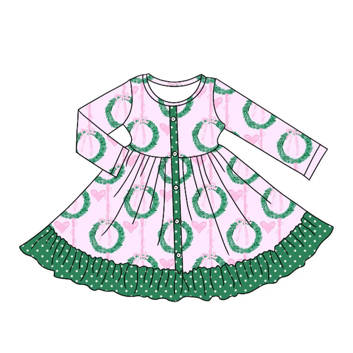 Preorder moq 5 Baby Girls Long Sleeves Green Garland Hearts Button Ruffle Knee Length Dresses 5.7