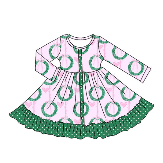 Preorder moq 5 Baby Girls Long Sleeves Green Garland Hearts Button Ruffle Knee Length Dresses 5.7