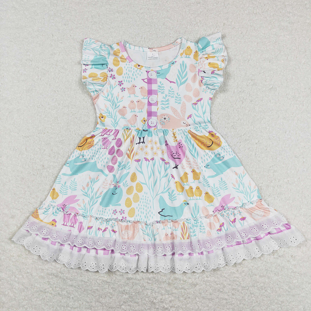 Baby Girls Dress Easter Chicken Rabbits Ruffle Knee Length Dresses GSD0701