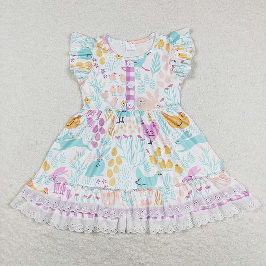 Baby Girls Dress Easter Chicken Rabbits Ruffle Knee Length Dresses GSD0701