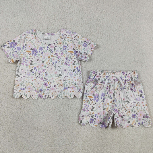 Baby Girls Clothes Short Sleeve Colorful Flowers Top Pockets Shorts Scallop Clothes Sets GSSO3267